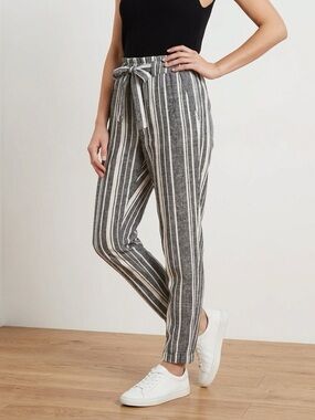 Aéropostale Gray Stripe Linen Blend Jogger Pants Elastic Waist Tie Front M
